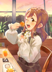 Rule 34 | 1girl, artist name, artist request, blush, brown hair, chair, collared shirt, cowengium, cup, drinking glass, eating, female focus, food, glasses, highres, hkl, kunikida hanamaru, light brown hair, long hair, long sleeves, looking at viewer, love live!, love live! sunshine!!, on chair, one eye closed, pants, plate, puffy long sleeves, puffy sleeves, ricar, shirt, sitting, solo, sunset, table, white shirt, window, yellow eyes