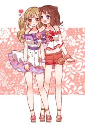 Rule 34 | 10s, 2girls, :d, :t, bang dream!, bare shoulders, blonde hair, blush, bow, brown hair, commentary request, cone hair bun, contrapposto, dress, embarrassed, fingernails, flower, hair bun, hair flaps, hair ornament, hair scrunchie, halterneck, heart, holding hands, ichigaya arisa, long hair, mamaloni, multiple girls, nail polish, navel, open mouth, pink scrunchie, purple bow, purple eyes, purple nails, red bow, red flower, red nails, red shorts, round teeth, sandals, sash, scrunchie, short shorts, shorts, smile, standing, sweatdrop, teeth, toyama kasumi, twintails, white dress, wrist scrunchie