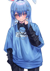 Rule 34 | 1girl, absurdres, alternate hairstyle, animal ear fluff, animal ears, baggy clothes, black background, black shirt, blue hair, blue sweater, border, braid, chain, chain necklace, earrings, hair between eyes, hair down, hair intakes, hair ornament, hairclip, hand on own neck, highres, hololive, jewelry, kmgrru, long hair, multicolored hair, necklace, orange eyes, rabbit ears, rabbit girl, shirt, short eyebrows, simple background, sleeves past wrists, solo, streetwear, sweater, twin braids, two-tone hair, usada pekora, virtual youtuber, white hair, wing collar, x hair ornament