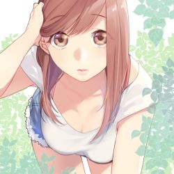 Rule 34 | 1girl, 3:, blouse, breasts, brown eyes, brown hair, cleavage, denim, denim shorts, tucking hair, katase waka, large breasts, leaf, leaf background, leaning forward, long hair, looking at viewer, original, parted lips, raised eyebrows, shirt, shorts, solo, white background, white shirt