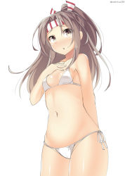 Rule 34 | 10s, 1girl, bad id, bad pixiv id, bikini, blush, breasts, brown hair, grey eyes, headband, kankitsunabe (citrus), kantai collection, long hair, navel, parted lips, small breasts, solo, standing, swimsuit, white background, zuihou (kancolle)