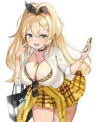 Rule 34 | 1girl, :d, absurdres, animal print, bag, black choker, blonde hair, bra, bra peek, bracelet, breasts, cellphone, checkered clothes, checkered skirt, choker, cleavage, clothes around waist, cpcp, earrings, eyewear hang, unworn eyewear, fang, goddess of victory: nikke, gold nails, green eyes, gyaru, hair ornament, hairclip, headgear, highres, holding, holding phone, hoop earrings, jacket, jacket around waist, jewelry, large breasts, leaning forward, leopard print, light blush, long hair, nail polish, necklace, open mouth, phone, ponytail, rupee (nikke), scrunchie, shirt, shopping bag, simple background, skirt, smartphone, smile, solo, sunglasses, thighlet, unbuttoned, underwear, v, white background, white shirt, wrist scrunchie, yellow jacket, yellow skirt