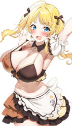 Rule 34 | 1girl, :d, \||/, apron, arm up, armpits, bikini, bikini top only, black bikini, black skirt, blonde hair, blue eyes, blush, breasts, brown bikini, brown skirt, cleavage, colored skin, cowboy shot, detached collar, drop earrings, earrings, english text, frilled skirt, frills, gawawawa, hachimiya meguru, hair intakes, hand out of frame, hand up, highres, ice cream earrings, idolmaster, idolmaster shiny colors, jewelry, large breasts, long hair, looking at viewer, multicolored skin, navel, open hand, open mouth, pendant, sideboob, simple background, skirt, smile, solo, standing, strap lift, swimsuit, twintails, two-tone bikini, two-tone skin, white apron, white background