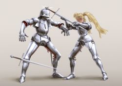 Rule 34 | 1boy, 1girl, armor, bad id, bad twitter id, blonde hair, blush, brown background, chainmail, closed eyes, female knight, full armor, half-swording, helmet, highres, holding, holding sword, holding weapon, knight, original, plate armor, shadow, simple background, standing, sword, twintails, wass nonnam, weapon, wide shot