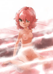 Rule 34 | 1girl, breasts, brown eyes, curly hair, fire emblem, fire emblem echoes: shadows of valentia, genny (fire emblem), highres, navel, nintendo, nipples, nude, partially submerged, pink hair, pussy, sitting, small breasts, solo, uncensored