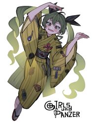 Rule 34 | 1girl, anchovy (girls und panzer), arms up, black ribbon, blush, brown eyes, commentary request, copyright name, drill hair, fang, girls und panzer, green hair, hair between eyes, hair ribbon, highres, japanese clothes, kimono, long hair, long sleeves, looking at viewer, machishita atake, obi, open mouth, print kimono, ribbon, sash, simple background, smile, solo, twin drills, twintails, white background, wide sleeves, yellow kimono