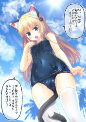 Rule 34 | 1girl, amamiya minato, animal ears, bad id, bad pixiv id, blonde hair, blush, breasts, cameltoe, cat ears, cat tail, cloud, covered navel, day, fang, green eyes, hair ornament, long hair, one-piece swimsuit, open mouth, original, palm tree, school swimsuit, shiny clothes, sky, small breasts, solo, sun, swimsuit, tail, thighhighs, translation request, tree, wet, white thighhighs