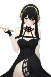 Rule 34 | 1girl, absurdres, bare shoulders, black dress, black gloves, black hair, breasts, cleavage, closed mouth, cover, cover page, crossed legs, dagger, dress, earrings, feint721, fingerless gloves, flower, gloves, gold earrings, gold hairband, hair flower, hair ornament, hairband, highres, holding, holding dagger, holding knife, holding weapon, jewelry, knife, large breasts, long hair, red eyes, red nails, rose, short hair with long locks, sidelocks, sitting, solo, spikes, spy x family, stiletto (weapon), swept bangs, transparent background, weapon, yor briar