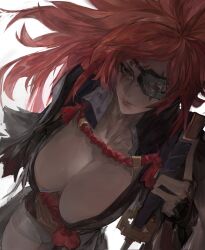 Rule 34 | 1girl, amputee, areola slip, baiken, big hair, black kimono, breasts, cleavage, closed mouth, eyepatch, from above, guilty gear, guilty gear strive, highres, holding, holding sword, holding weapon, huge breasts, japanese clothes, kataginu, katana, kimono, multicolored clothes, multicolored kimono, one-eyed, open clothes, open kimono, pink eyes, red rope, rope, samurai, sarashi, scar, scar across eye, scar on face, solo, sword, torn sleeve, tristan mori, weapon, white background