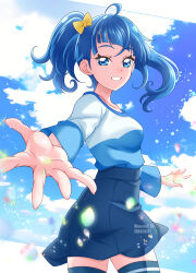 Rule 34 | 1girl, blue eyes, blue hair, blue shirt, blue skirt, blue sky, blue thighhighs, bow, cloud, cloudy sky, cowboy shot, cut bangs, dated, day, feathers, foreshortening, grin, hair bow, half-closed eyes, hanzou, highres, hirogaru sky! precure, light particles, long sleeves, looking at viewer, medium hair, miniskirt, outdoors, precure, reaching, reaching towards viewer, shirt, side ponytail, single sidelock, skirt, sky, smile, solo, sora harewataru, standing, t-shirt, thighhighs, twitter username, wind, yellow bow