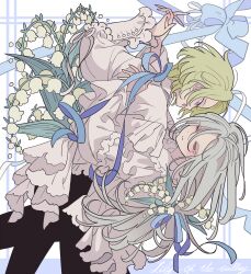 Rule 34 | 2boys, bad id, bad pixiv id, black pants, blue ribbon, cowboy shot, dancing, ensemble stars!, flower, frilled shirt, frills, green hair, grey hair, hair between eyes, half-closed eyes, highres, holding hands, leaning back, leaning forward, lily of the valley, long hair, long sleeves, looking at another, male focus, meremero, multiple boys, open mouth, pants, puffy long sleeves, puffy sleeves, purple eyes, ran nagisa, red eyes, ribbon, shirt, short hair, smile, standing, tomoe hiyori, white shirt
