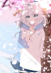 Rule 34 | 1girl, alternate costume, blue eyes, blush, breasts, casual, cherry blossoms, covering own mouth, grey hair, hair between eyes, hair ornament, highres, hishi miracle (umamusume), horse girl, looking at viewer, medium breasts, medium hair, petals, simple background, solo, thighhighs, tree, umamusume, utsubo (u-tubo), white background