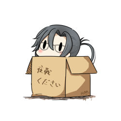 Rule 34 | 10s, 1girl, 2017, amagiri (kancolle), asymmetrical bangs, box, cardboard box, dated, glasses, grey-framed eyewear, grey hair, hair between eyes, hatsuzuki 527, in box, in container, kantai collection, long hair, ponytail, simple background, solid oval eyes, solo, translated, twitter username, very long hair, white background