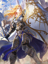 Rule 34 | 1girl, armor, black gloves, blonde hair, blue eyes, breasts, castle, chainmail, city, cloud, company name, day, fantasy, from below, gloves, highres, holding, holding sword, holding weapon, knight, legend of the cryptids, lie-on, light rays, lips, long hair, medium breasts, mountain, official art, original, outdoors, pauldrons, shield, shoulder armor, shuichi wada, sky, solo focus, standing, sunlight, sword, vambraces, watermark, weapon, wind