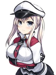 Rule 34 | 10s, 1girl, blonde hair, blue eyes, blush, breasts, capelet, celtic knot, commentary request, cross, crossed arms, don (29219), female focus, gloves, graf zeppelin (kancolle), hair between eyes, hat, impossible clothes, jacket, kantai collection, large breasts, long hair, looking at viewer, miniskirt, necktie, peaked cap, sidelocks, simple background, skirt, solo, tsurime, twintails, uniform, white background