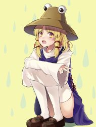 Rule 34 | 1girl, :o, blonde hair, brown footwear, convenient leg, hair ribbon, hat, highres, long sleeves, looking at viewer, moriya suwako, nr myt, open mouth, ribbon, shoes, skirt, solo, squatting, thighhighs, touhou, v, vest, wide sleeves, yellow background, yellow eyes