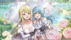 Rule 34 | 2girls, aqua hair, assault lily, bare shoulders, black gloves, blonde hair, blunt bangs, blurry, blurry background, blush, bow, bowtie, breasts, bush, cleavage, collar, collarbone, commentary request, cowboy shot, day, detached sleeves, dress, falling petals, flower, frilled dress, frilled umbrella, frills, gloves, green eyes, grey bow, grey bowtie, grey dress, hair between eyes, hair bow, half updo, halter dress, halterneck, hand up, hands up, holding, holding umbrella, jewelry, juliet sleeves, lake, lens flare, long hair, long sleeves, looking ahead, looking up, medium breasts, miyagawa takane, multiple girls, niwata0, official alternate costume, official art, open hand, open mouth, outdoors, pendant, petals, pink flower, pink rose, puffy sleeves, purple eyes, rain, rose, ruins, shared umbrella, side-by-side, sidelocks, smile, standing, strapless, strapless dress, toki kureha, two-tone dress, umbrella, underbust, very long hair, water, watermark, white bow, white collar, white dress, white flower, white rose