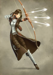 Rule 34 | 1girl, armor, arrow (projectile), bow (weapon), breasts, brown eyes, brown hair, drawing bow, fingerless gloves, firing, gloves, greaves, guild wars (series), guild wars 1, headband, holding, holding bow (weapon), holding weapon, long coat, pants, polarityplus, solo, vambraces, weapon