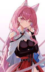 Rule 34 | 1girl, animal ear fluff, animal ears, arknights, arm under breasts, bare shoulders, black bra, bra, breasts, cowboy shot, cube (cuberoot-of-e), earrings, extra ears, hand up, head rest, jewelry, long hair, looking at viewer, medium breasts, pink eyes, pink hair, pozyomka (arknights), red skirt, simple background, skirt, solo, underwear, very long hair, white background, wolf ears, wolf girl