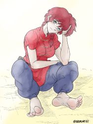 Rule 34 | 1girl, artist name, barefoot, black pants, braid, chinese clothes, closed mouth, elbow rest, feet, female focus, full body, hand in own hair, hand on own head, highres, looking at viewer, pants, puffy short sleeves, puffy sleeves, ranma-chan, ranma 1/2, red hair, saotome ranma, short sleeves, single braid, sitting, soles, solo, szero, toes, twitter username
