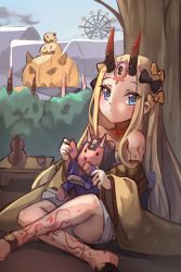 Rule 34 | 1girl, abigail williams (fate), bare shoulders, black bow, blonde hair, blue eyes, blue sky, blush, bow, breasts, cosplay, fate/grand order, fate (series), ferris wheel, forehead, gourd, hair bow, highres, horns, ibaraki douji (fate), ibaraki douji (fate) (cosplay), indian style, jack-o&#039;-lantern, japanese clothes, keyhole, kimono, long hair, looking at viewer, miya (miyaruta), multiple bows, off shoulder, orange bow, parted bangs, parted lips, shuten douji (fate), sidelocks, sitting, skin-covered horns, sky, small breasts, stuffed animal, stuffed toy, tattoo, teddy bear, tree, wide sleeves, yellow kimono