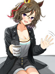 Rule 34 | 1girl, absurdres, animal ears, black jacket, black shorts, blue hair, blush, braid, breasts, coffee mug, commentary request, cup, ear ornament, grey shirt, hair between eyes, highres, holding, holding cup, horse ears, horse girl, jacket, looking at viewer, medium breasts, motion lines, mug, multicolored hair, open mouth, purple eyes, red hair, shirt, short hair, shorts, simple background, single braid, sitting, sky wing12, smile, solo, steaming food, streaked hair, tap dance city (umamusume), umamusume, waving, white background