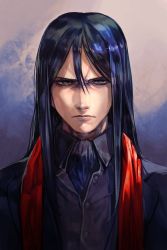 Rule 34 | 1boy, black coat, black hair, closed mouth, coat, collared shirt, ascot, fate/stay night, fate (series), frown, grey background, grey eyes, grey shirt, hungry clicker, long hair, looking at viewer, lord el-melloi ii, male focus, manly, open clothes, open coat, purple hair, red scarf, scarf, shirt, solo, upper body, waver velvet, wing collar
