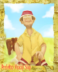 Rule 34 | 1boy, border, brown hair, cane, character name, closed mouth, cloud, cloudy sky, day, facial hair, glasses, hat, highres, holding, holding cane, looking up, one piece, ship, shirt, short hair, short sleeves, sky, solo, stick, strayzinho, striped clothes, striped headwear, watercraft, woop slap, yellow shirt