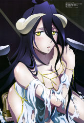 Rule 34 | 1girl, absurdres, ahoge, albedo (overlord), black hair, blush, breasts, cleavage, covering privates, covering breasts, eyelashes, feet, female focus, gradient background, highres, horns, large breasts, long hair, looking at viewer, low wings, maehara momoko, megami magazine, non-web source, nude, official art, overlord (maruyama), parted lips, sex, slit pupils, solo, striped, striped background, topless, torn clothes, wings, yellow eyes