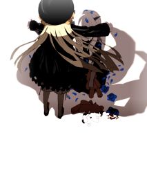 Rule 34 | abigail williams (fate), black dress, black footwear, blonde hair, blue flower, blue rose, closed mouth, covered face, different shadow, dress, facing away, fate/grand order, fate (series), flower, from behind, grey legwear, hat, hiiragi fuyuki, horns, lavinia whateley (fate), long hair, long sleeves, outstretched arms, pantyhose, petals, rose, shoes, single horn, sitting, smile, spread arms, standing, tears, tentacles, white hair