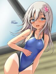 Rule 34 | 1girl, black one-piece swimsuit, blonde hair, blue eyes, blue one-piece swimsuit, blush, competition swimsuit, covered navel, cowboy shot, dated, flower, grey hair, hair between eyes, hair flower, hair ornament, highleg, highleg swimsuit, highres, kantai collection, long hair, looking at viewer, montemasa, multicolored clothes, multicolored swimsuit, one-hour drawing challenge, one-piece swimsuit, one-piece tan, open mouth, rei no pool, ro-500 (kancolle), smile, solo, swimsuit, tan, tanline, twitter username, two-tone swimsuit, wet, wet clothes, wet swimsuit