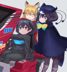 Rule 34 | + +, 3girls, :d, animal ears, antennae, arcade cabinet, behind another, bird girl, bird tail, bird wings, black cape, black hair, black sweater, blonde hair, bow, bowtie, brown hair, cape, cloak, closed mouth, commentary request, extra ears, ezo red fox (kemono friends), fox ears, grey background, hair between eyes, hat, head wings, highres, kemono friends, kosai takayuki, leaning forward, leggings, long hair, long sleeves, looking at object, medium hair, multicolored bow, multicolored bowtie, multicolored hair, multiple girls, open mouth, pantyhose, parted bangs, playing games, purple eyes, sega, simple background, sitting, smile, standing, superb bird-of-paradise (kemono friends), sweater, tail, tan, two-tone hair, video game, western parotia (kemono friends), wide-eyed, wings, yellow eyes