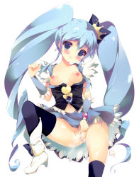 Rule 34 | 10s, 1girl, blue eyes, blue hair, blue skirt, blush, breasts, brooch, cure princess, female focus, happinesscharge precure!, heart, heart brooch, long hair, looking at viewer, magical girl, matching hair/eyes, multiple girls, nipples, precure, shiratama (shiratamaco), shirayuki hime, skirt, smile, solo, steam, thighhighs, twintails, wrist cuffs