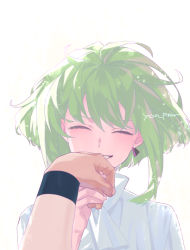 Rule 34 | 2boys, androgynous, earrings, closed eyes, galo thymos, green hair, holding hands, jewelry, lio fotia, multiple boys, promare, shirt, short hair, sidelocks, signature, simple background, single earring, smile, solo focus, white background, white shirt, yaoi, yon prmr