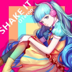 Rule 34 | 1girl, artist name, blue hair, blue ribbon, blunt bangs, closed mouth, commentary, dress, dteroo, english commentary, eyelashes, gloves, green eyes, hand on own knee, hatsune miku, long hair, multicolored background, pink headphones, puffy short sleeves, puffy sleeves, ribbon, shake it! (vocaloid), short sleeves, sitting, solo, song name, twintails, very long hair, vocaloid, white gloves, yellow dress