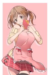 Rule 34 | 1girl, apron, bare shoulders, blush, box, breasts, brown eyes, brown hair, cleavage, gift, gift box, grin, haruichi (komikal), idolmaster, idolmaster cinderella girls, large breasts, long hair, long sleeves, looking at viewer, off-shoulder sweater, off shoulder, pink apron, red skirt, skirt, smile, solo, sweater, thighs, totoki airi, twintails, yellow sweater