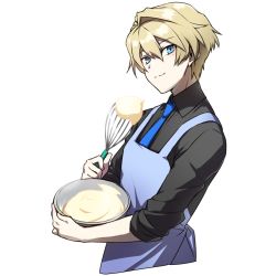 Rule 34 | 1boy, apron, aqua eyes, baking, black shirt, blonde hair, blue apron, blue necktie, closed mouth, commentary request, hair between eyes, holding, holding whisk, holostars, kishidou tenma, long sleeves, looking at viewer, male focus, mixing bowl, necktie, shirt, short hair, sleeves rolled up, smile, solo, transparent background, upper body, virtual youtuber, whisk, wing collar, yaeyama reishi