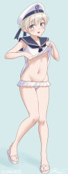 1girl bikini bikini_skirt bikini_under_clothes blue_background blue_sailor_collar clothes_lift dress dress_lift frilled_bikini frills full_body green_eyes grey_hair hat highres kantai_collection lifting_own_clothes microskirt official_alternate_costume one-hour_drawing_challenge ray.s sailor_collar sailor_dress sailor_hat sandals short_hair simple_background skirt solo swimsuit white_bikini white_dress white_hat z1_leberecht_maass_(kancolle) z1_leberecht_maass_(swimsuit_mode)_(kancolle)