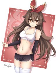 Rule 34 | 1girl, absurdres, akane rose, amber (genshin impact), arm warmers, bare shoulders, black shorts, breasts, brown hair, cleavage, collarbone, cowboy shot, crop top, dolphin shorts, genshin impact, groin, hair ribbon, highres, long hair, looking at viewer, medium breasts, micro shorts, midriff, navel, open mouth, orange eyes, ribbon, short shorts, shorts, skindentation, sleeveless, solo, sports bra, standing, stomach, thighhighs, thighs, very long hair, white sports bra, white thighhighs