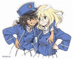 Rule 34 | 2girls, andou (girls und panzer), aqua eyes, arm around shoulder, arm up, bc freedom (emblem), bc freedom military uniform, black hair, blonde hair, blue headwear, blue jacket, blue vest, brown eyes, buttons, closed mouth, cropped torso, dark-skinned female, dark skin, downscaled, emblem, eye contact, eyes visible through hair, fang, floating hair, girls und panzer, grin, hair between eyes, hand on own hip, hat, heads together, high collar, jacket, kepi, kiikanna, leaning forward, long sleeves, looking at another, looking to the side, medium hair, messy hair, military hat, multiple girls, open clothes, open jacket, oshida (girls und panzer), outstretched arm, pleated skirt, resized, side-by-side, signature, simple background, skirt, smile, upper body, v-shaped eyebrows, vest, white background, white skirt