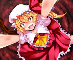 Rule 34 | 1girl, :d, ashima takumi, blonde hair, dress, fangs, female focus, flandre scarlet, frills, from above, hat, looking at viewer, mob cap, open mouth, pov, red eyes, side ponytail, smile, solo, touhou, vampire, white hat, wings, xeqj