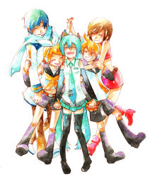 Rule 34 | 2boys, 3girls, :d, ^ ^, age difference, bad id, bad pixiv id, bare arms, bare shoulders, belt, blonde hair, blue hair, blue neckwear, blue scarf, boots, brown hair, brown pants, closed eyes, coat, detached sleeves, full body, hair ribbon, happy, hatsune miku, headset, height difference, holding hands, hug, hug from behind, interlocked fingers, kagamine len, kagamine rin, kaito (vocaloid), meiko (vocaloid), miyuki (aoisan), multiple boys, multiple girls, necktie, open mouth, orange neckwear, own hands together, painting (medium), pants, red footwear, red skirt, red tank top, ribbon, scarf, shirt, short hair, shorts, simple background, skirt, sleeveless, sleeveless shirt, smile, tank top, teeth, thigh boots, thighhighs, thighs, traditional media, twintails, vocaloid, watercolor (medium), white background, white coat, white ribbon, white shirt