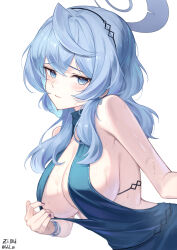 Rule 34 | 1girl, absurdres, adjusting dress, ako (blue archive), ako (dress) (blue archive), backless dress, backless outfit, bld zi, blue archive, blue dress, blue hair, blue halo, blush, breasts, dress, halo, highres, large breasts, looking at viewer, multicolored halo, nail polish, official alternate costume, purple nails, sideboob, sideless dress, single handcuff, sleeveless, sleeveless dress, solo, sweat, two-tone halo, upper body