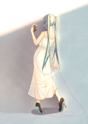 Rule 34 | 1girl, absurdres, alternate costume, bare shoulders, black footwear, blue hair, cable, dress, facing away, frilled dress, frills, full body, gradient background, hatsune miku, high heels, highres, holding, holding microphone, long hair, microphone, nape, sleeveless, sleeveless dress, solo, standing, twintails, very long hair, vocaloid, white dress, zuiai gongzhu dianxia
