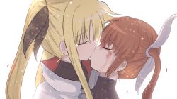 Rule 34 | 2girls, blonde hair, brown hair, bruise, bruise on face, capelet, cloak, couple, closed eyes, fate testarossa, highres, injury, kiss, lyrical nanoha, mahou shoujo lyrical nanoha, mahou shoujo lyrical nanoha a&#039;s, multiple girls, short twintails, simple background, takamachi nanoha, tears, twintails, white background, yachi696969, yuri