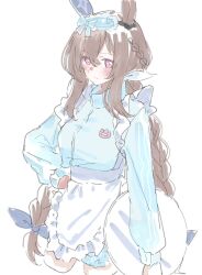 Rule 34 | absurdres, admire vega (umamusume), animal ears, apron, blue bow, blue jacket, blush, bow, braid, brown hair, ear covers, ha (hura76752775), hair between eyes, hair bow, hand on own hip, highres, holding, holding tray, horse ears, horse girl, horse tail, jacket, jersey maid, long hair, long sleeves, looking at viewer, maid, maid apron, purple eyes, simple background, single ear cover, tail, tray, twin braids, umamusume, unconventional maid, white background