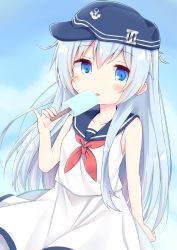 Rule 34 | 1girl, absurdres, anchor symbol, blue eyes, blue hair, blue hat, blue sailor collar, blue sky, blush, closed mouth, cloud, commentary request, day, esureki, flat cap, food, hair between eyes, hand up, hat, hibiki (kancolle), highres, holding, holding food, kantai collection, long hair, neckerchief, outdoors, popsicle, red neckerchief, sailor collar, shirt, skirt, sky, sleeveless, sleeveless shirt, solo, tongue, tongue out, very long hair, white shirt, white skirt