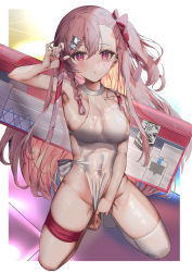 Rule 34 | 1girl, :o, armpits, backpack, bag, bare arms, bare hips, barefoot, blush, bow, braid, breasts, clothed masturbation, collarbone, covered navel, female masturbation, fingering, fingernails, framed, fujisaki eru, girls&#039; frontline, groin, hair between eyes, hair bow, hair ornament, hairclip, hand on own crotch, hexagram, highleg, highleg swimsuit, highres, holding, holding strap, large breasts, long hair, looking at viewer, masturbation, negev (girls&#039; frontline), negev (little drifter) (girls&#039; frontline), one-piece swimsuit, pink eyes, pink hair, red bow, side-tie swimsuit, side ponytail, single thighhigh, solo, squatting, star (symbol), star hair ornament, star of david, swimsuit, thigh strap, thighhighs, thighs, toenails, toes, weapon bag, wet, wet clothes, wet swimsuit, white one-piece swimsuit