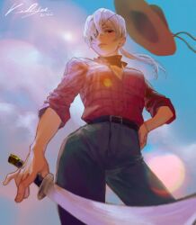 Rule 34 | 1girl, artist name, belt, blue sky, chainsaw man, cloud, cloudy sky, cowboy hat, eyepatch, floating hat, from below, hand on own hip, hat, highres, holding, holding sword, holding weapon, keibleh, lens flare, long hair, looking at viewer, plaid, plaid shirt, ponytail, quanxi (chainsaw man), red shirt, shirt, shirt tucked in, sky, solo, sun glare, sword, weapon, white hair