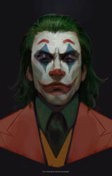 Rule 34 | 1boy, arthur fleck, batman (series), clown, commentary, english commentary, facebook username, facepaint, formal, green hair, green shirt, hair dye, highres, hollow eyes, jacket, joker (2019), looking at viewer, medium hair, red jacket, red nose, red suit, shirt, simple background, solo, suit, the joker, thefearmaster